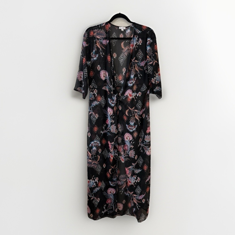 Womens Duster Jacket Black Floral Sheer Tie Front Kimono Chiffon Boho Fairy Sz L